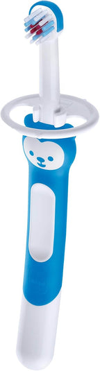 MAM Training Toothbrush for Babies (1 Baby's Brush with Safety Shield), Baby Toothbrush with Brushy The Bear Character, Interactive App, for Boys 5+ Months, Blue