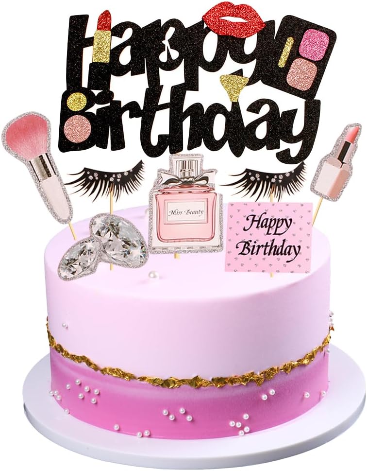 15 PCS Makeup Cupcake Toppers Cosmetics Theme Happy Birthday Cake Toppers Lipstick Eyelashes Makeup Brushes Diamond Perfume Bottle Cake Picks for Bridal Shower Girls Birthday Party