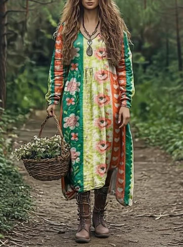 Women's Long-Sleeve Bohemian Maxi Dress V-Neck Loose-Fit Floral Print Casual Retro Dress for Spring & Fall
