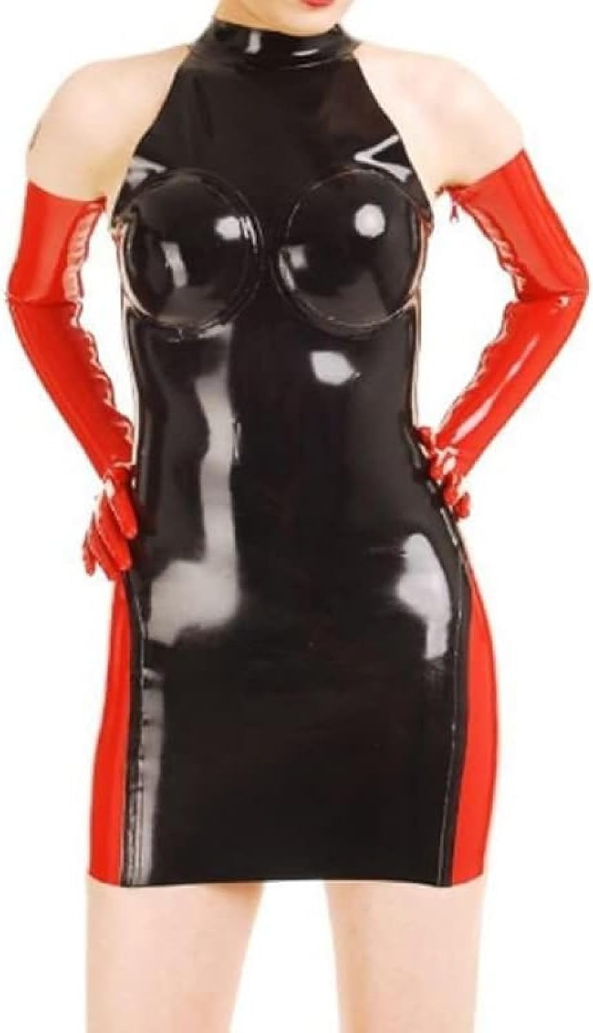 Red and Black Sexy Latex Dress with Back Zipper Glued Breasts Rubber + Gloves,Custom Color,Medium