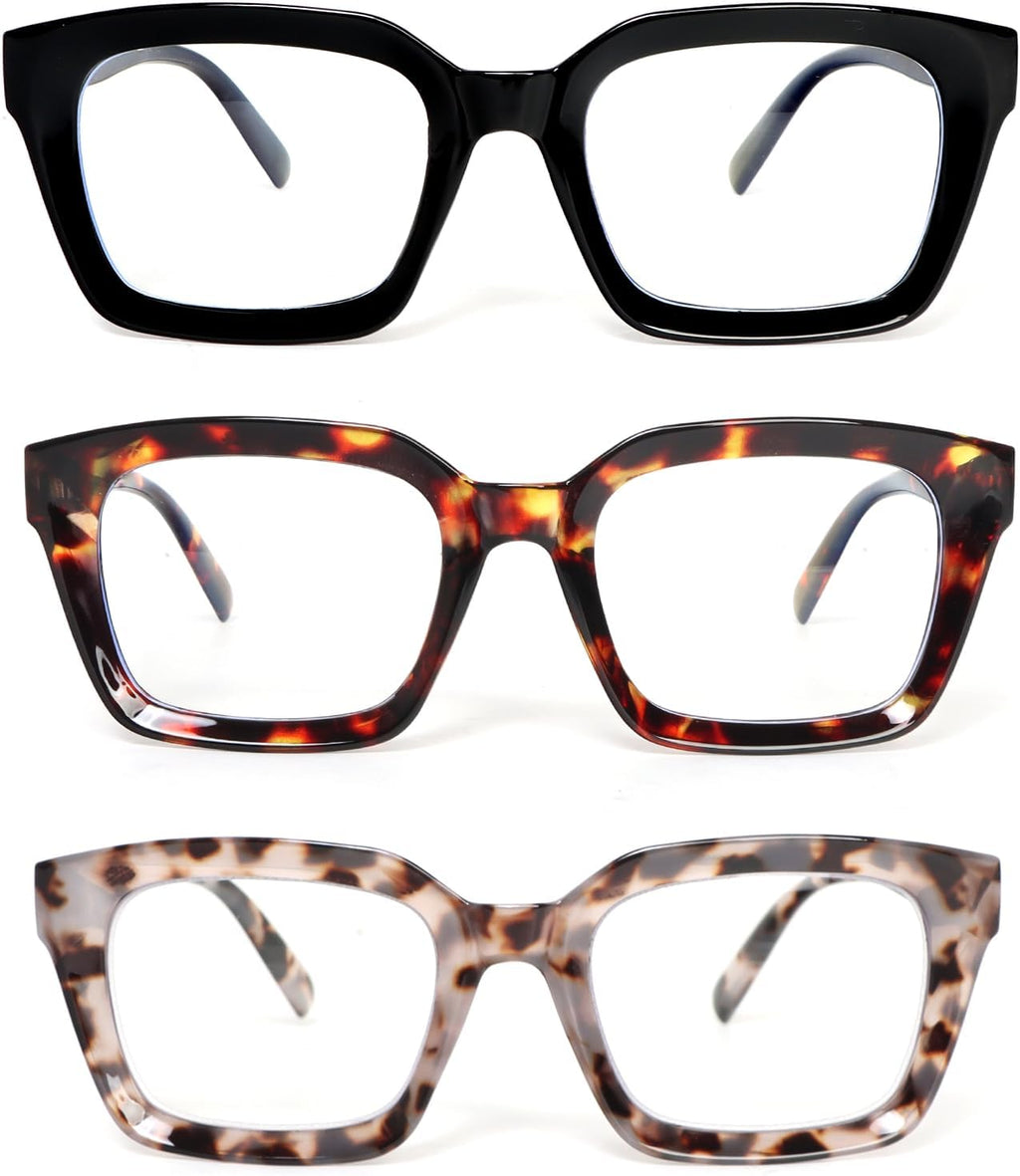 KoKoBin 3 Pack Reading Glasses Women Oprah Style Square Blue Light Blocking Oversized Fashion Large Eyeglasses