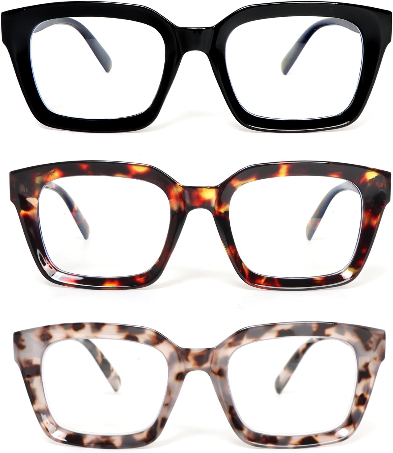 KoKoBin 3 Pack Reading Glasses Women Oprah Style Square Blue Light Blocking Oversized Fashion Large Eyeglasses