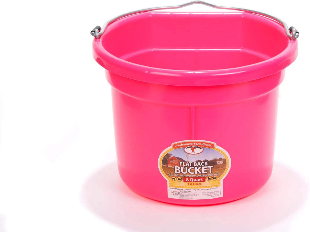 Little Giant® Flat Back Plastic Animal Feed Bucket | Horse Stall Bucket with Metal Handle | Horse Stable Feeding and Watering Supplies | 8 Quarts | Hot Pink