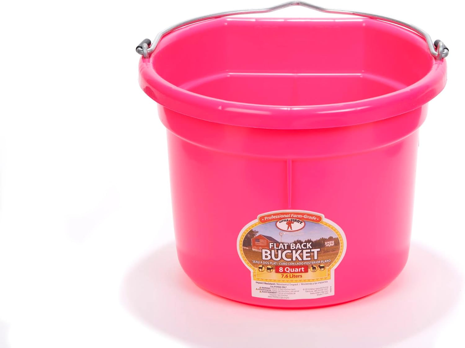 Little Giant® Flat Back Plastic Animal Feed Bucket | Horse Stall Bucket with Metal Handle | Horse Stable Feeding and Watering Supplies | 8 Quarts | Hot Pink