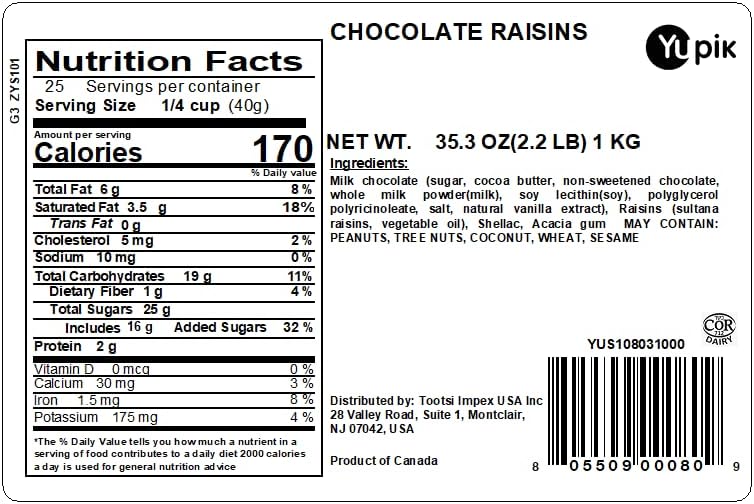 Yupik Milk Chocolate Covered Raisins, 2.2 lb (35.2 oz), Kosher, Raisins Dipped in Fine Milk Chocolate, Smooth & Chewy, Chocolate Candy, Sweet Snacks, Ideal for Topping & Baking