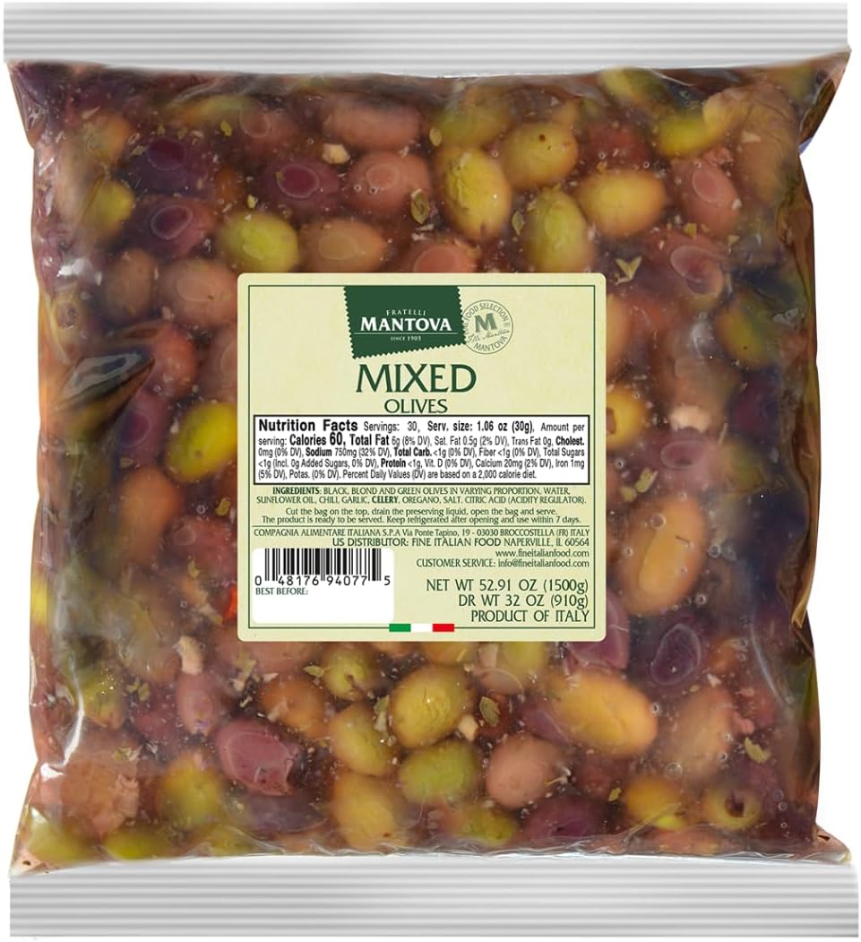Mantova Mixed Olives in a Mild Brine with Herbs and Spices, 52.91 oz. (3.3 lb.) (Pack of 1), Product of Italy, Non-GMO, Gluten-Free, Cholesterol-Free, Vegan-Friendly, Paleo-Friendly