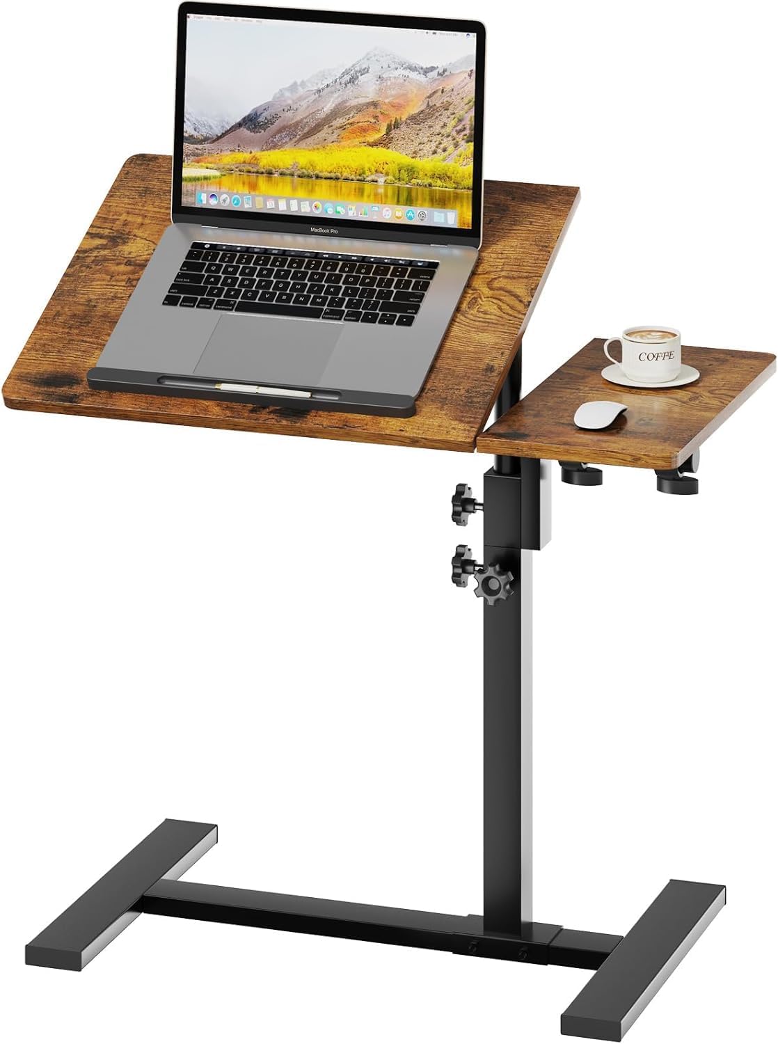 Height Adjustable C-Shaped Table with Removable Wheels, Mobile Sofa Snack Table with Tiltable Top, Adjustable Laptop Stand for Couch, Bedside Desk with Pen Slot, Rustic Brown