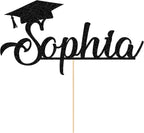 Personalized Cake Topper Custom Congrats Graduation Hat Student Gift for Graduation Finish School Double Sided Glitter Card with Any Name (Black)