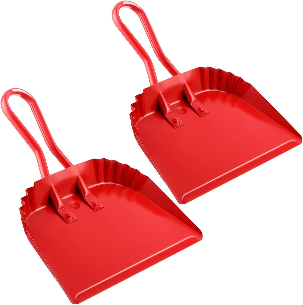 Mumufy 2-Pack Heavy Duty Stainless Steel Red Dustpan - 12" Wide Metal Edge for No-Leak Sweeping, Rust-Resistant for Home Garage Studio Courtyard Indoor Outdoor