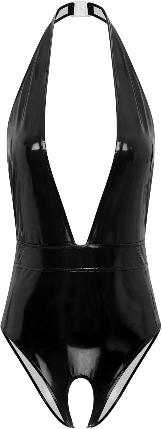 dPois Women's PVC Leather Crotchless Leotard Wetlook Zipper Jumpsuits One Piece Clubwear Party Catsuits