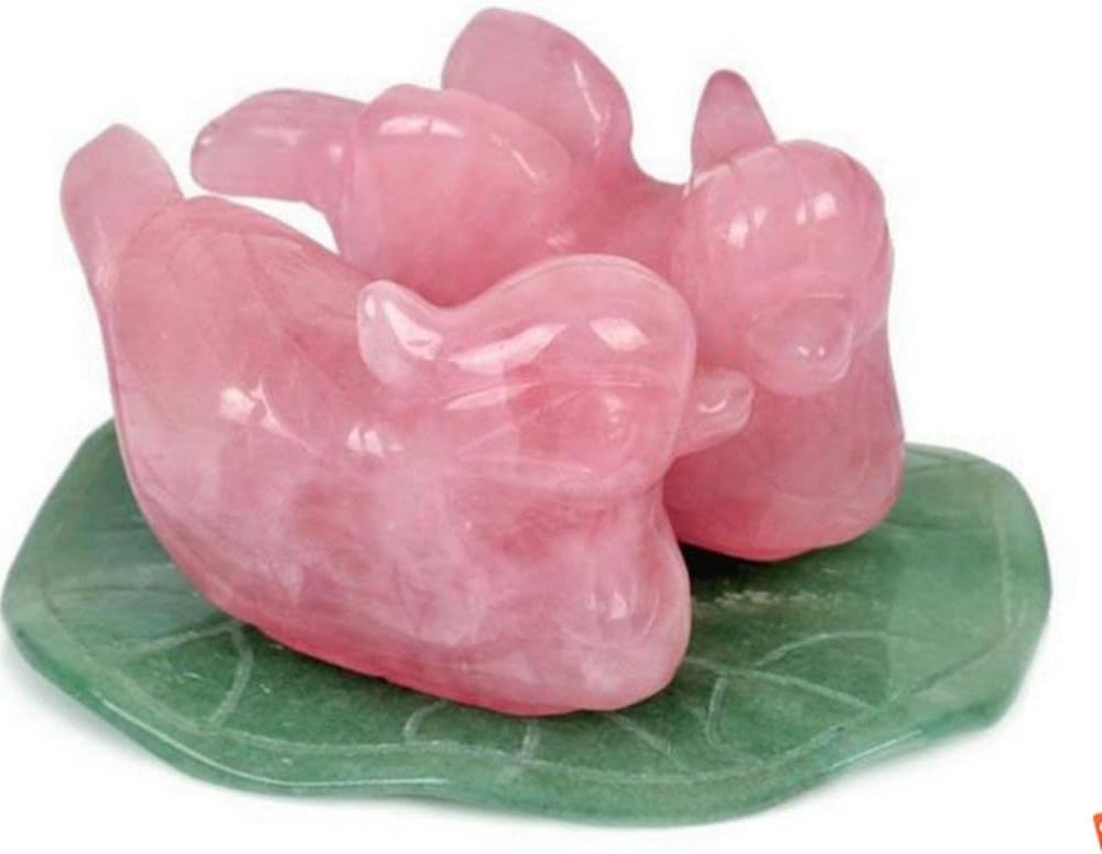 Natural Rose Quartz Mandarin Ducks Love Birds on Green Aventurine Lotus Leaf , Mandarin Ducks Figurines for Symbol of Love