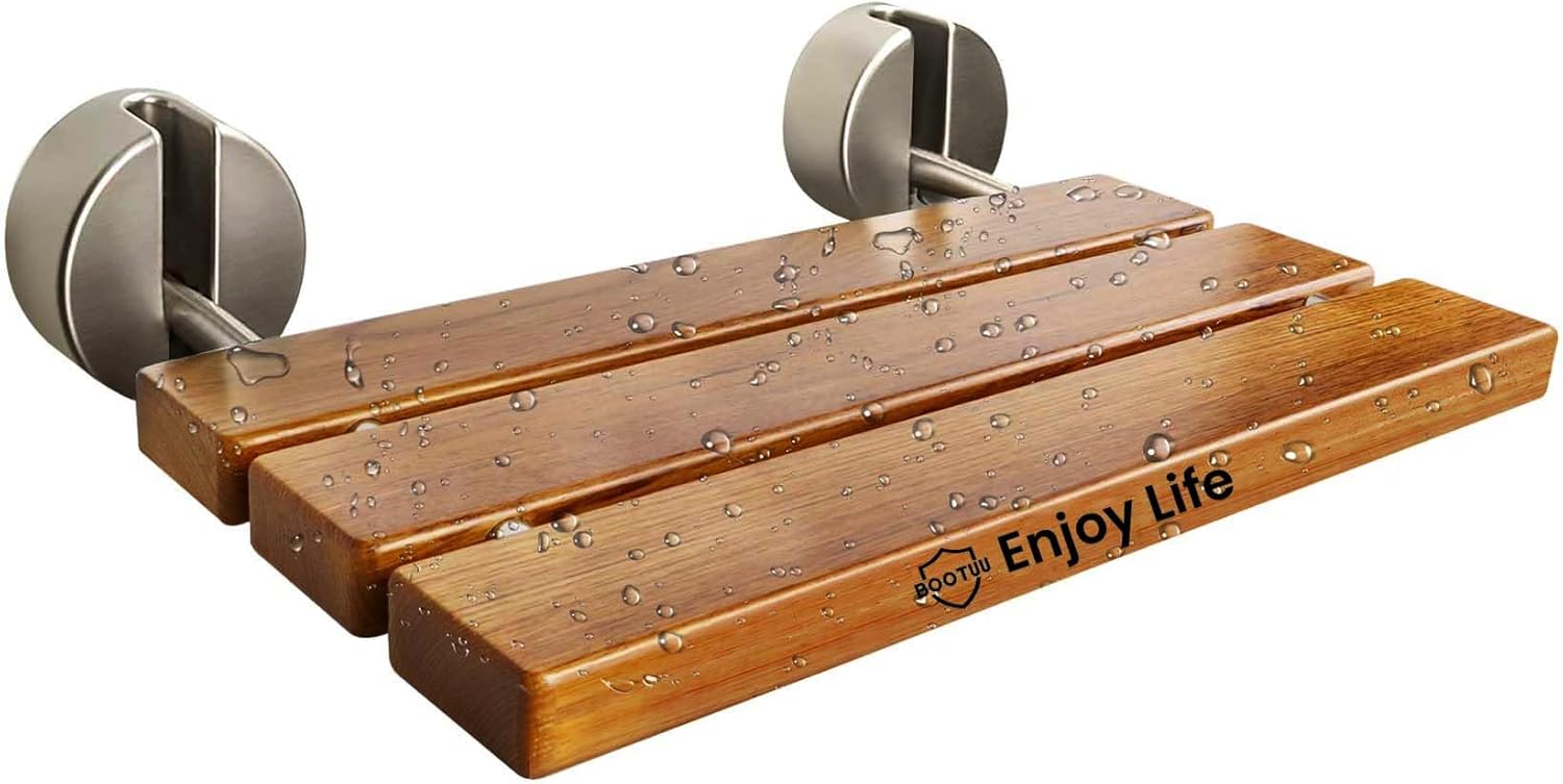 20 Inchs Teak Folding Shower Seat Wall Mounted, Folding Shower Seat with 400 Lb. Weight Capacity (Metal Brushed Cover)