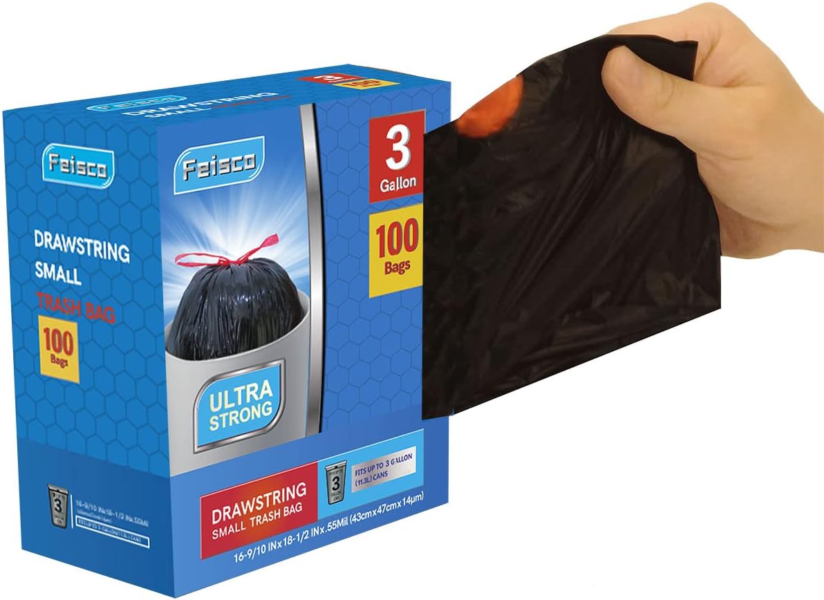Feisco 3 Gallon Black Trash Bag,Small Drawstring Garbage Bag Trash Can Liner,100 Counts,0.55 Mil