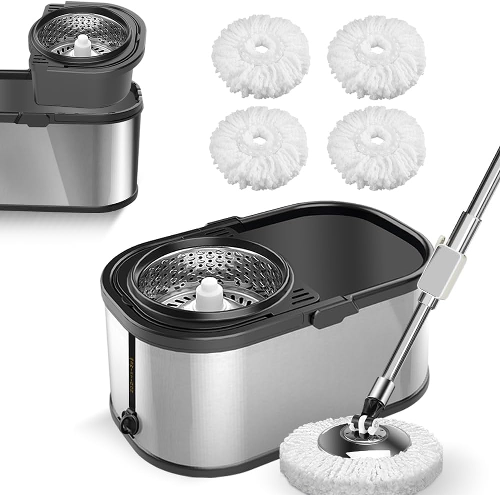 Spin Mop and Bucket with Wringer Set for Home,360° Mop and Bucket with Separate Clean and Dirty Water,Wet Dust Mop for Floor Cleaning with Extra Refills (Silver)
