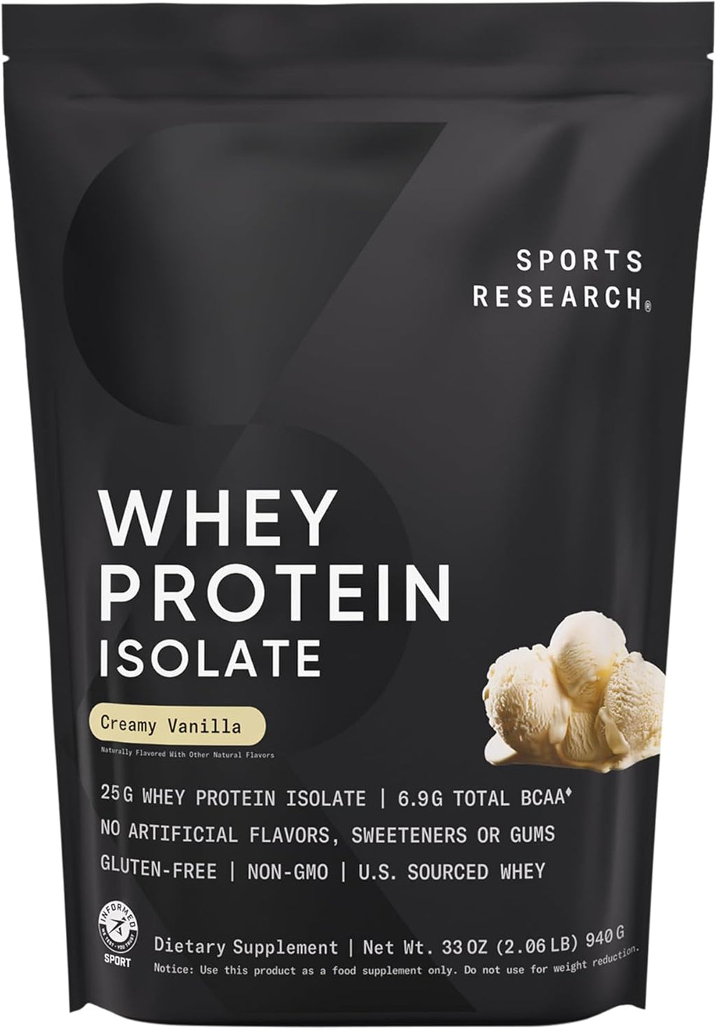 Sports Research Whey Protein Isolate - Sports Nutrition Protein Powder 25g per Serving - 2.06lb Bag Whey Protein - Vanilla Flavor - Bulk Protein Powder, 26 Servings