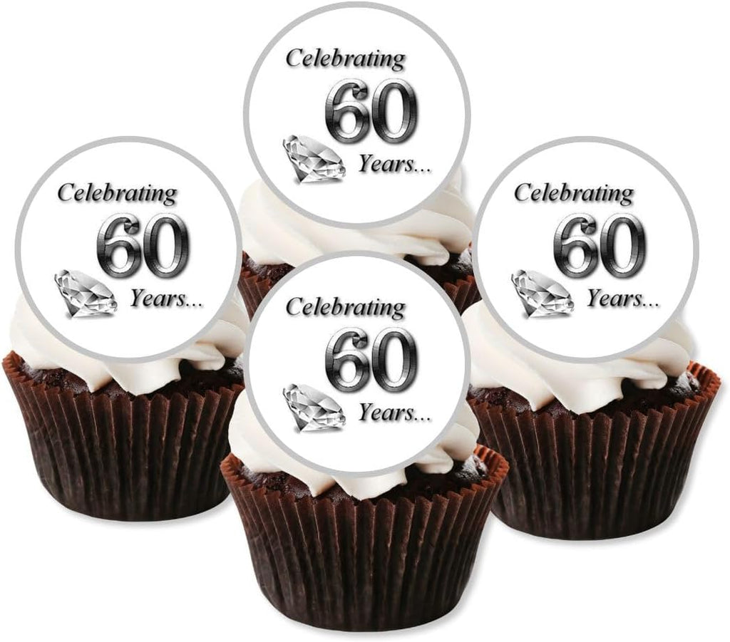 Diamond Wedding Anniversary Edible Cupcake Toppers, 60th Anniversary Decorations, Edible Cake Decorations for Parties & Celebrations, 24 x 4cm/1.5 Inch Wafer Card Discs