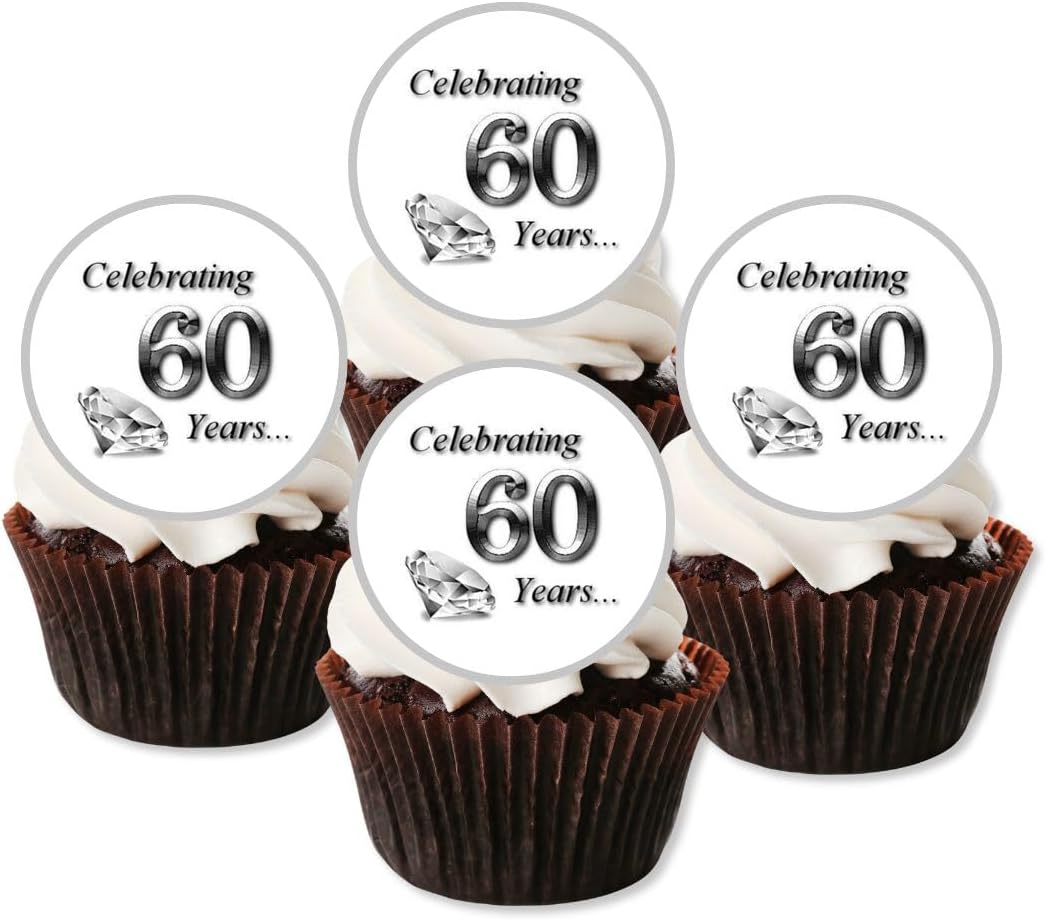 Diamond Wedding Anniversary Edible Cupcake Toppers, 60th Anniversary Decorations, Edible Cake Decorations for Parties & Celebrations, 24 x 4cm/1.5 Inch Wafer Card Discs