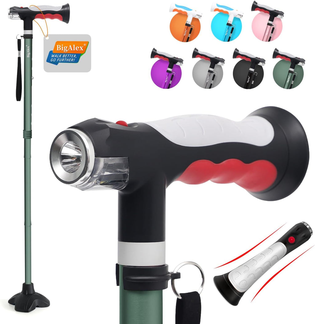 BigAlex Folding Walking Cane with Two Led Lights for Elderly Solid Base Adjustable Walking Stick with Carrying Bag for Men Women
