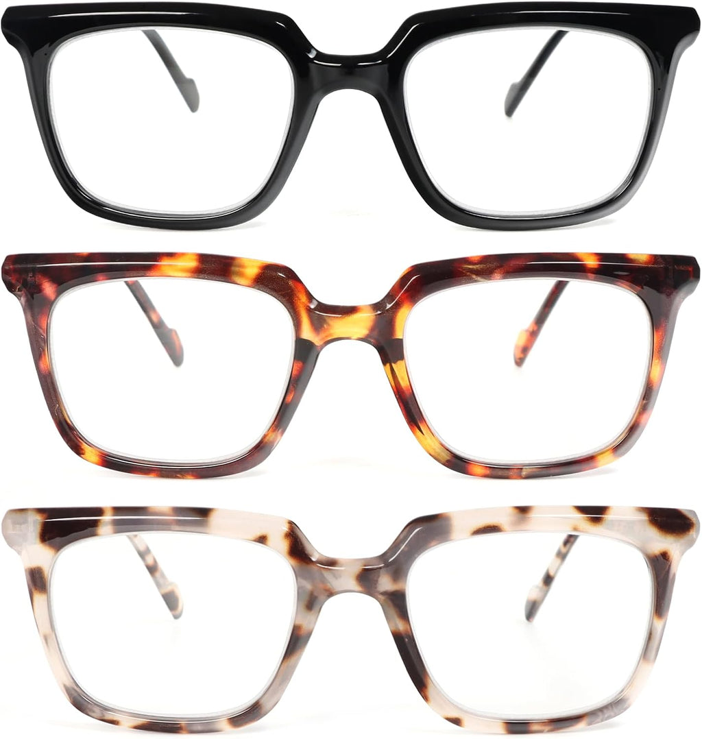 MMOWW 3 Pack Reading Glasses for Women Men Sqaure Frame Blue Light Blocking Readers Spring Hinges