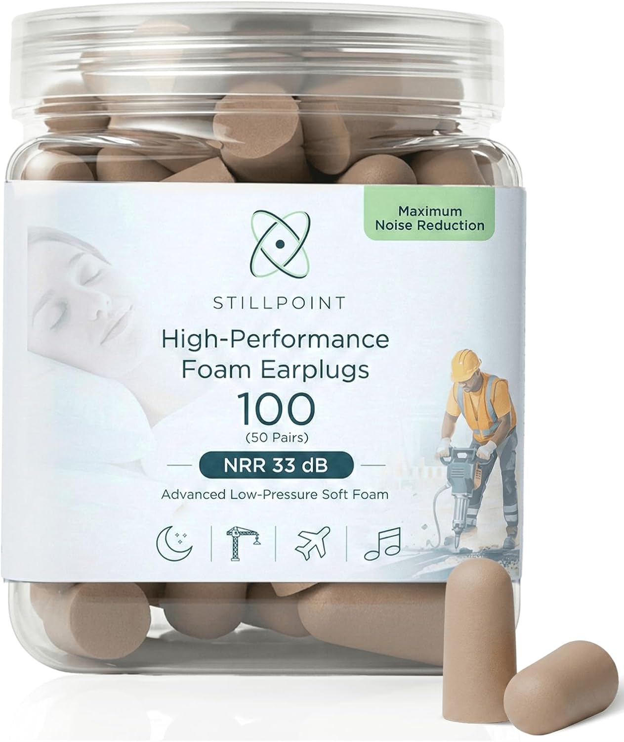 Happy Hippo Soft Foam Earplugs, 33 dB NRR, (50 Pair, 100 Ear Plugs), Maximum Protection for Sleeping, Power Tools, Loud Work Environments (Beige)