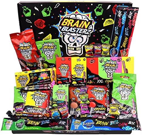 Brain Blasterz Sour Candy Large Gift Box, Hard Sour Candy, Sour Chew Bar, Lollipop, Sour Powder, Mixed Flavours, Birthday Candy Gift, Halloween Candy, 36 pieces, 1.7lbs