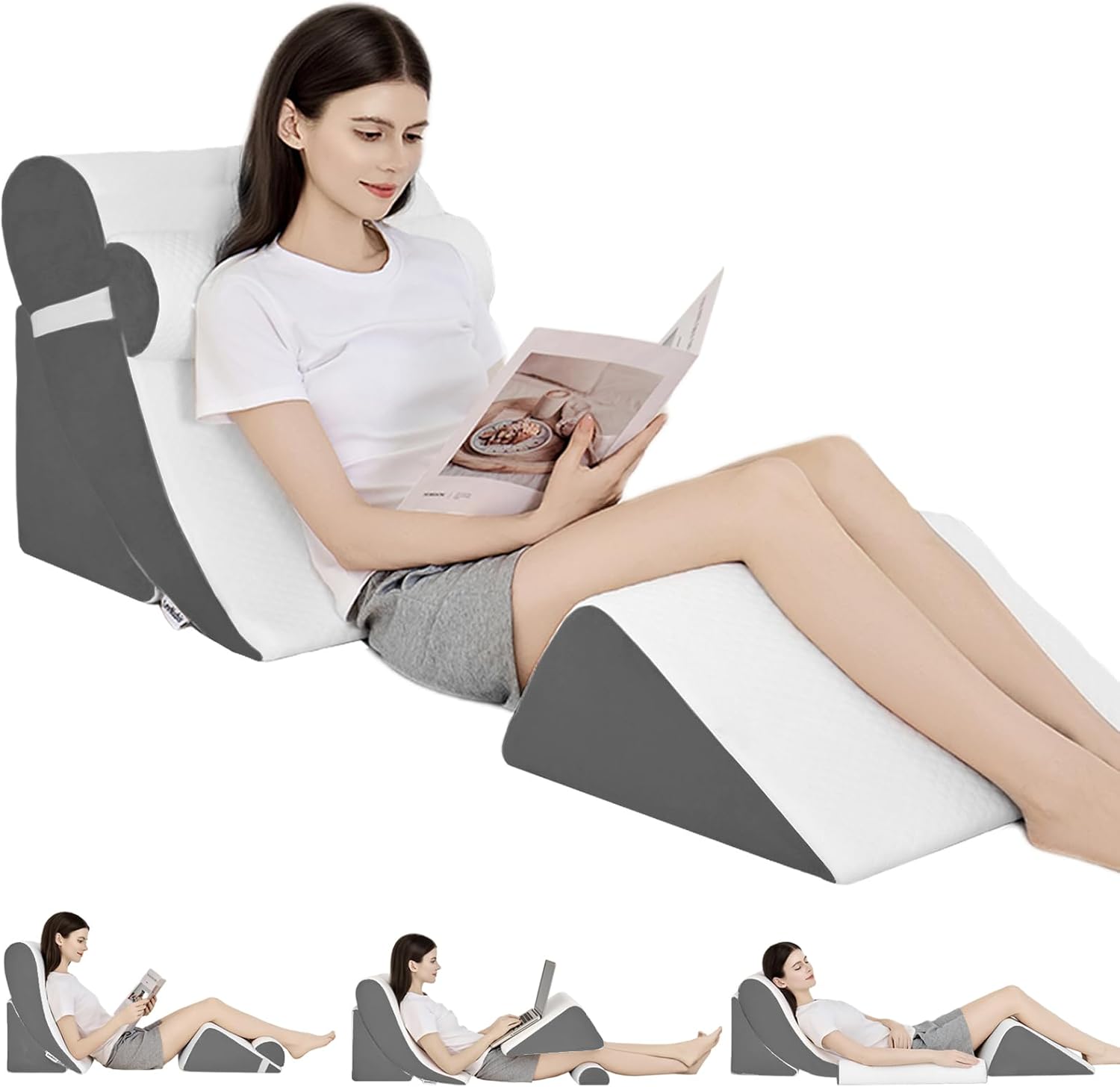 4PCS Orthopedic Bed Wedge Pillow Set for Post Surgery & Pain Relief, Adjustable Wedge Pillow for Back,Acid Reflux,Sitting up in Bed,Recovery,Snoring,Body Pillow for Sleeping (White/Dark Grey)