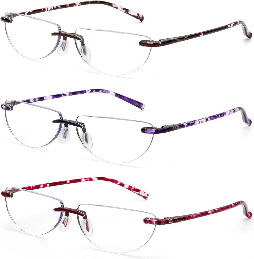 DOOViC 3 Pack Rimless Half Moon Reading Glasses TR90 Lightweight Blue Light Blocking Readers for Women and Men