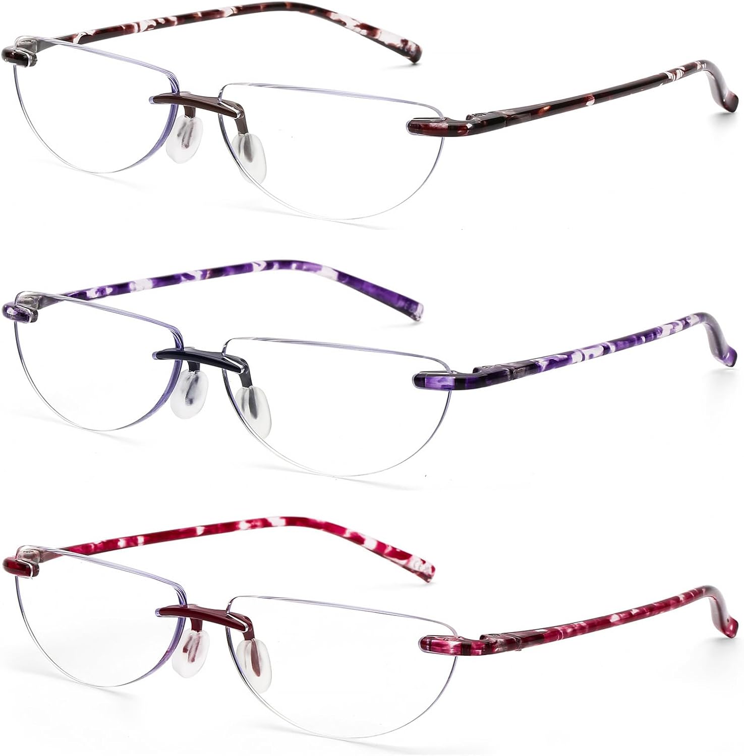 DOOViC 3 Pack Rimless Half Moon Reading Glasses TR90 Lightweight Blue Light Blocking Readers for Women and Men
