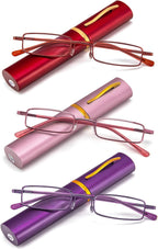REAVEE 3 Pack Slim Pen Reading Glasses Small Tube Readers for Men Women Spring Hinged with Portable Clip Case, Red Pink Purple 2.25