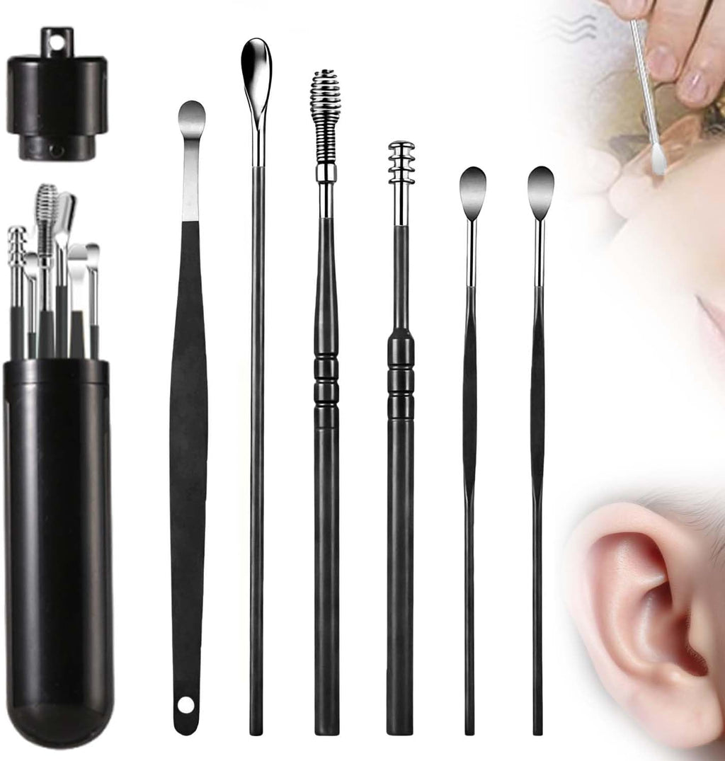 6 Set Ear Wax Removal Tool Set with Storage Tube, Professional Earwax Cleaner Kit, Stainless Steel Spring Ear Pick Tools,Stainless Steel Earwax Removal Toolkit (Black-Storage Tube)