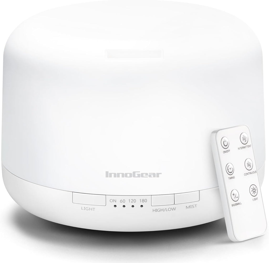 InnoGear 500ml Essential Oil Diffuser with Remote Control, Premium Ultrasonic Aromatherapy Diffusers Mother's Gift Scent Humidifier Vaporizer Auto-Off Timer for Large Room Home, Basic White