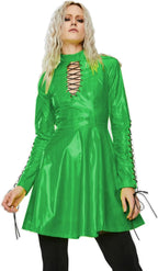 Women PVC Long Sleeve Dress Vinyl Hollow Out A-Line Dress High Waist Above Knee Mini Party Dress,Green,L