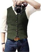 Ceehuteey Mens Suit Vest Waistcoat Tweed Retro V Neck Wool Herringbone for Prom