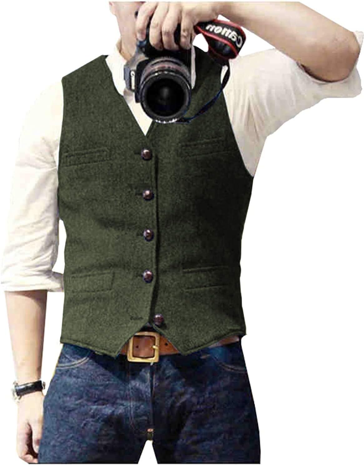 Ceehuteey Mens Suit Vest Waistcoat Tweed Retro V Neck Wool Herringbone for Prom