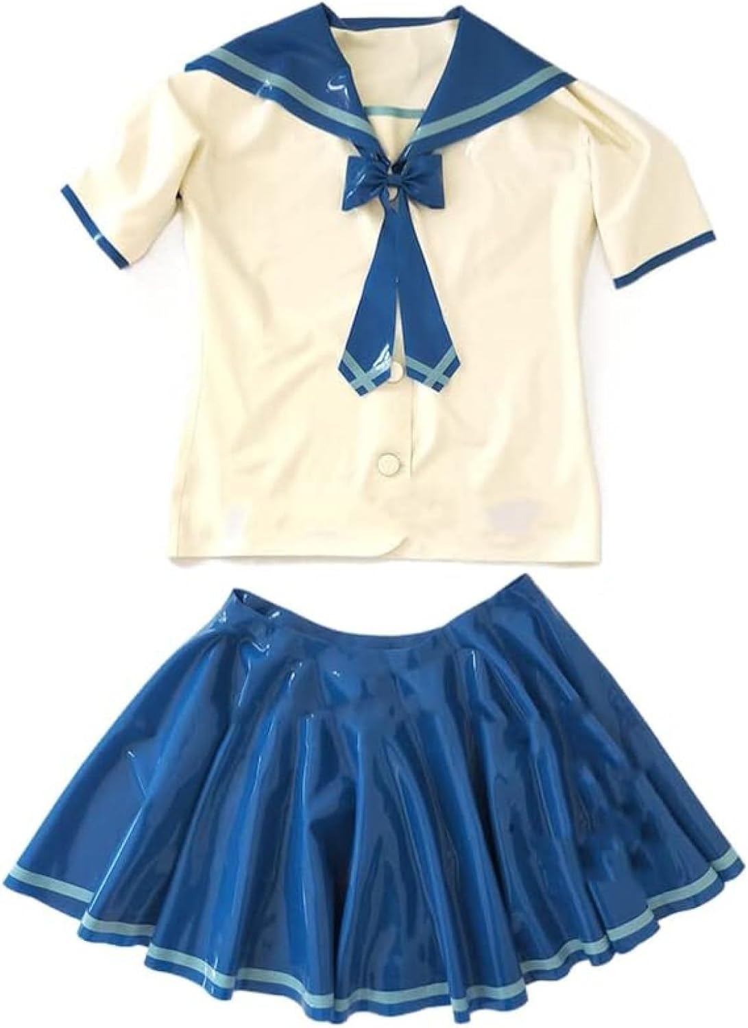 Sexy Women Latex Outfits Blouse and Skirt Rubber Suit Cosplay with Tie Bow,Picture Color,Large