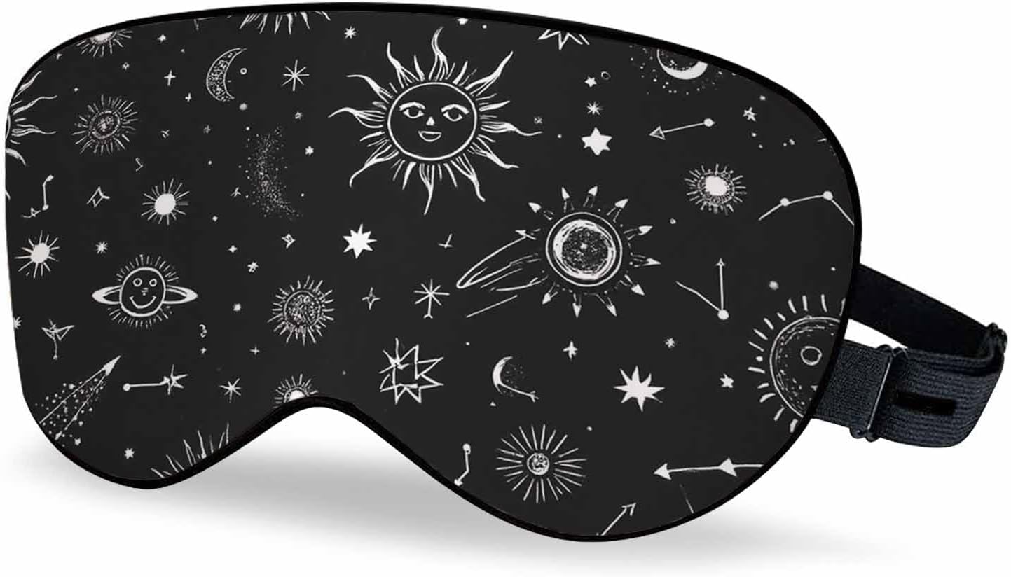 Starry Sky Sleep Eye Mask Black White Stars Comets Suns Moon Constellation Men Women Sleep Mask with Adjustable Strap Eye Cover Eye Shade for Travel, Nap,Meditation