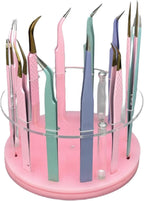 12 Holes Acrylic Rotatable Tweezers Holder, Eyelash Makeup Grafting Tweezer Display Stand Extensions Organizer Training Rack Beauty Tools (Pink)