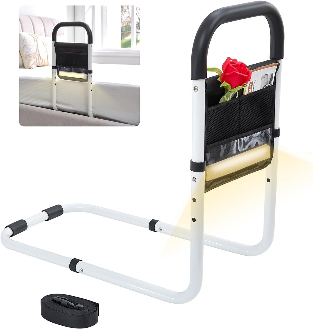 Bed Rail for Elderly Adults Safety with Motion-Activated Light & Non-Slip Grab Bar, Bed Assist for Seniors with Storage Pocket & Fall Prevention Guard, Fits King, Queen, Full, Twin Bed