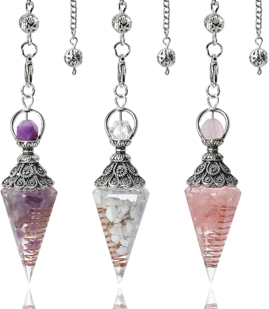 RENEMEGO 3 PCS Pendulum Crystal for Dowsing - Rose Quartz Amethyst White Turquoise Crystal Pendulum, Witchcraft Supplies, Pendulos De Energia, Healing Crystals for Meditation Energy Balancing Gift