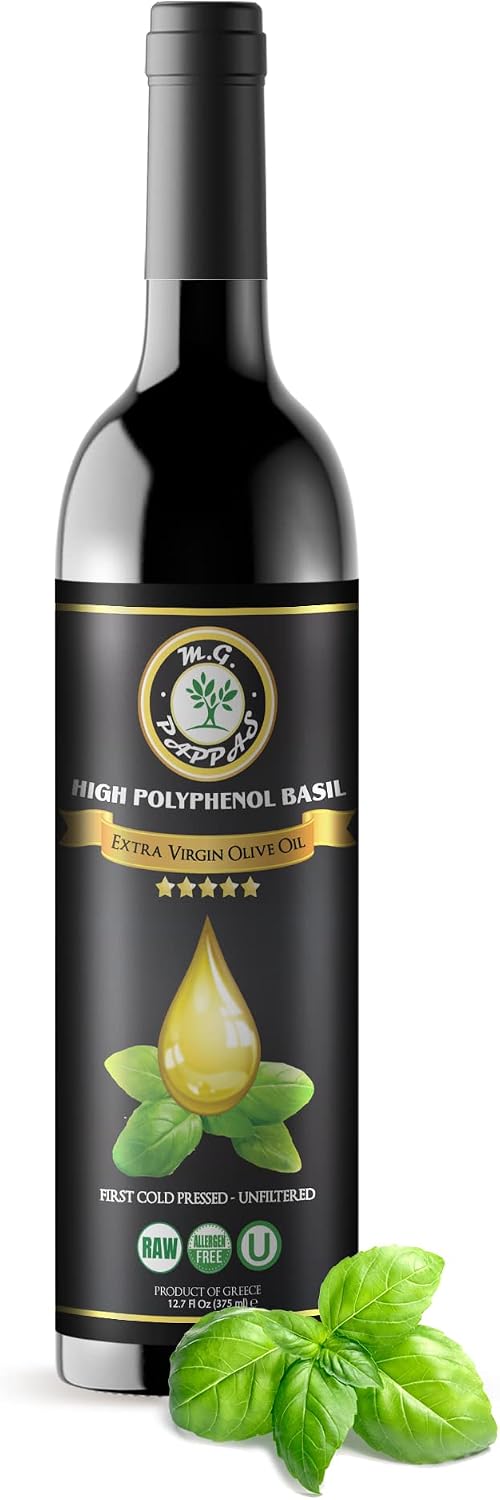 M.G. PAPPAS High Polyphenol Rich Basil Infused Olive Oil - Extra Virgin Olive Oil - Over 500mg/kg - Cold Pressed & Unfiltered - High Hydroxytyrosol Greek Olive Oil - Award Winning