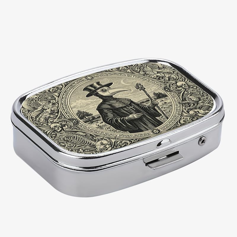 1pc Square Pill Box, Mini 2 Compartment Medicine Pill Organizer, Household Portable Medicine Storage Box, Vitamins Fish Oil for Pockets Purses Travel Unique Gift (Plague Doctor)