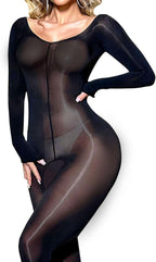 HTRUIYA Shiny Body Stocking Sexy Women Lingerie Sheer Bodystocking Long Sleeved Low Neck Body Stocking