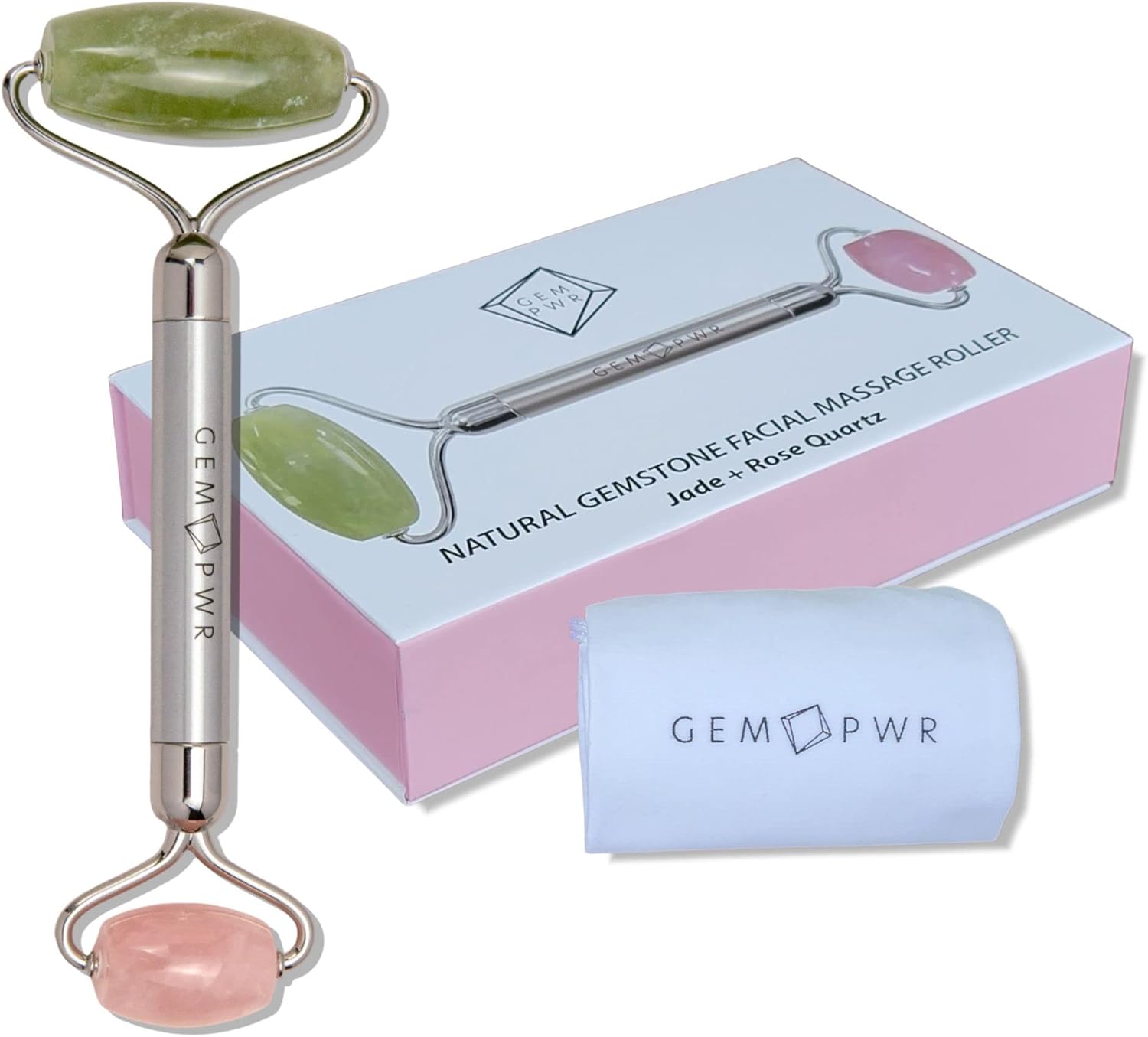 Rose Quartz + Jade Roller for Face and Neck Massage, Dual Gemstones with Durable Steel Handle and Travel Bag. Minimize Wrinkles, Reduce Puffiness and Restore Skin's Elasticity and Radiance
