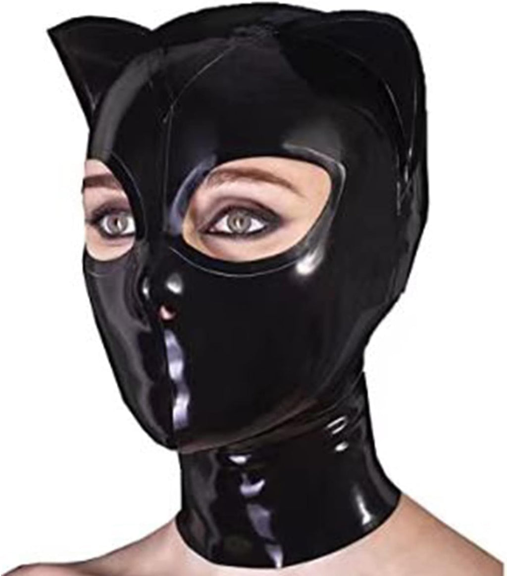 Black Latex Hood with Cat Ears Back Zipper Open Eyes Nose Rubber Mask Cosplay Club Wear Costume