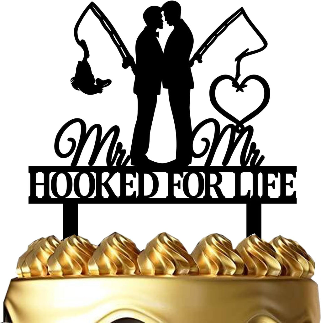 Gay Wedding Cake Topper - HOOKED FOR LIFE - Funny Fishing Gay Wedding Cake Topper, Mr & Mr Wedding Cake Topper (Fishing Gay)