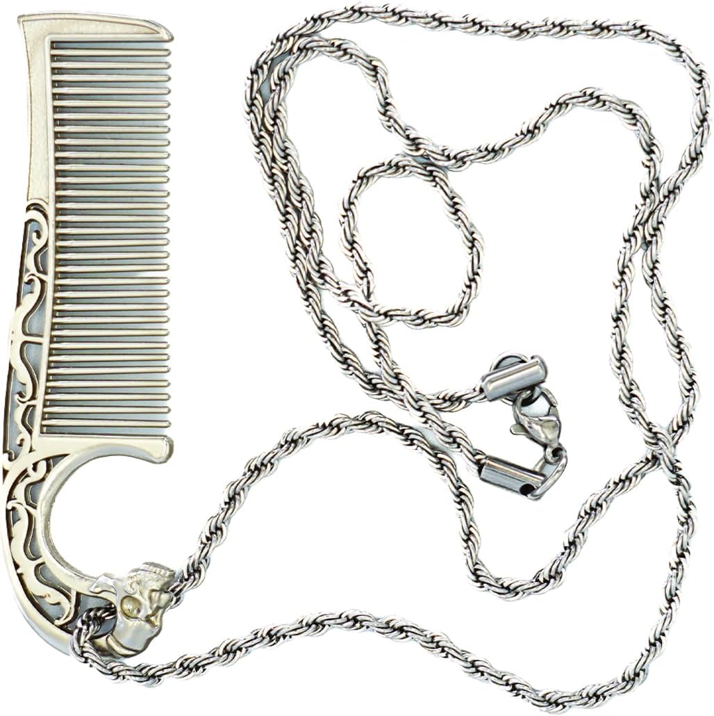 Mustache Comb On Stainless Steel Metal Chain Necklace – Dual-Sided Comb for Men, Fine & Wide Teeth for Precise Moustache Styling – Durable, Compact, Travel-Friendly Grooming Tool for Facial Hair Care
