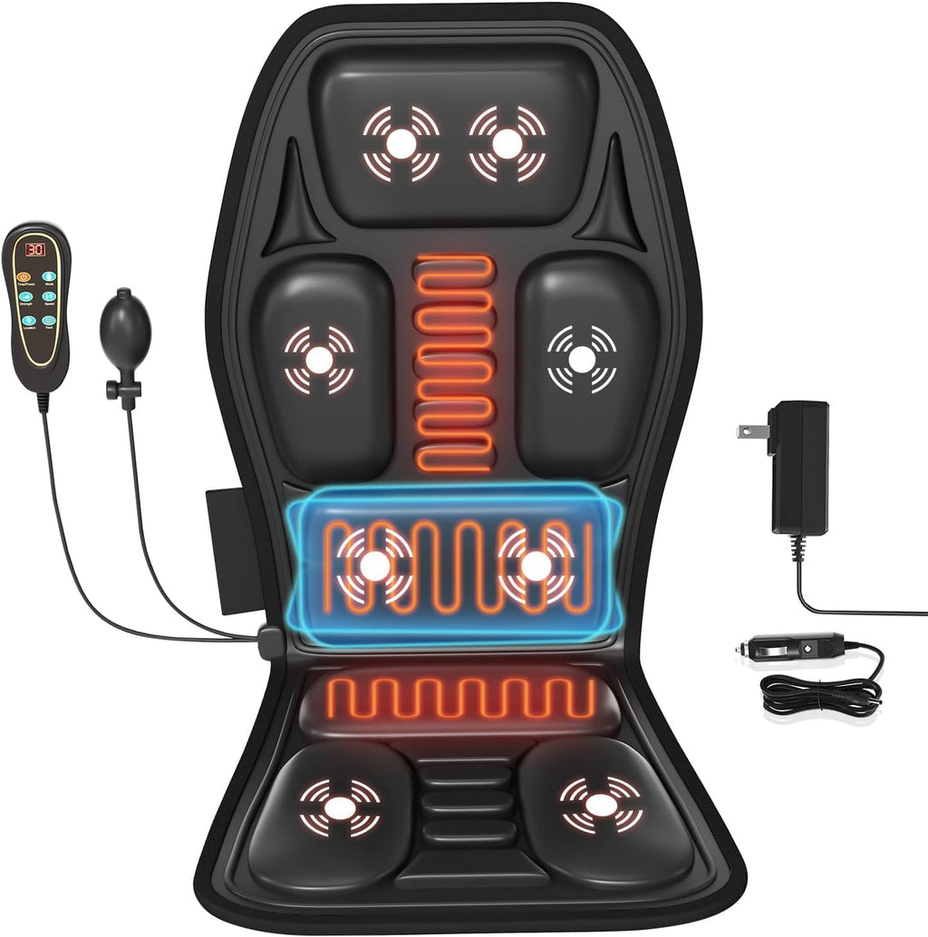Back Massager for Chair, Massage Seat Cushion with Heat, Lumbar Traction, 6 Vibrating Motors Massager Chair Pad for Full Body Pain Relief, and Home Use