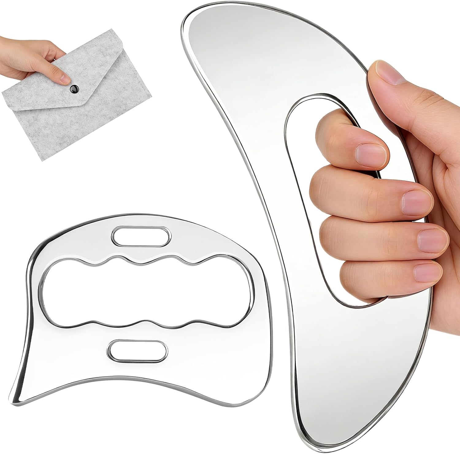 2-in-1 Stainless Steel Gua Sha Massage Tool Set, Muscle Scraper & IASTM Tools for Soft Tissue Mobilization, Myofascial Release, Body Skin Massage, Physical Therapy Sore Muscle Relief with Travel Pouch