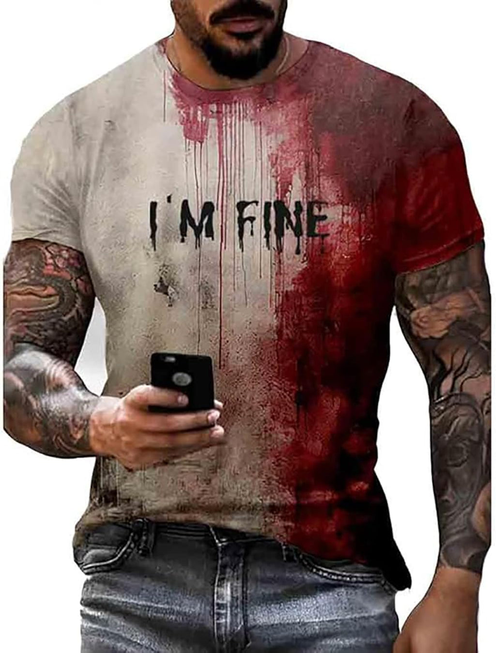 I'm Fine Bloody T Shirt for Men Halloween Bloody Shirt Costume Horror Blood Splatter Tshirts Short Sleeve Tops
