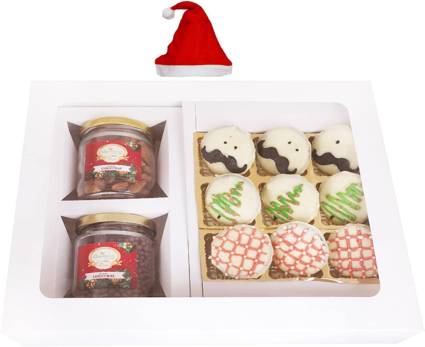 Ghasitaram Gifts Jaiccha Christmas Gifts White Christmas Hamper Box Medium with Christmas Cookies and 2 jars of Caramel Almond and Chocolated Coated Crispies